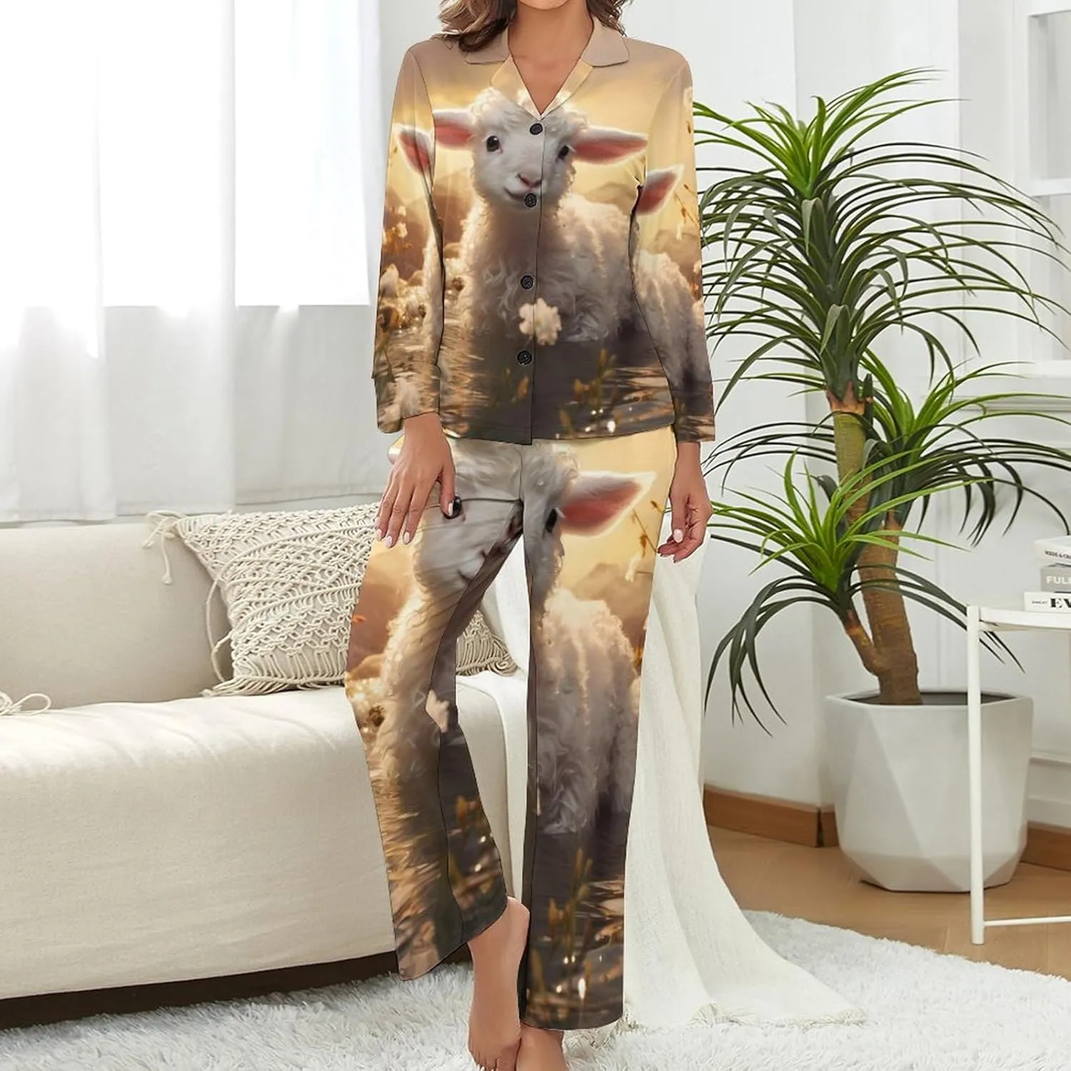 Sheep Flowers Womens Pajamas Satin PJ Set Button Down Loungewear Set 2 Piece Lounge Sets