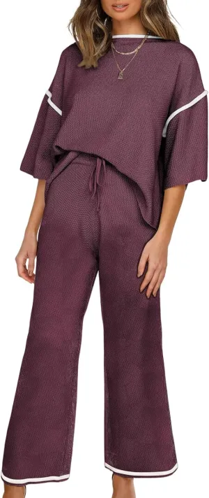 SHEWIN Womens Two Piece Outfits Casual Short Sleeve Knit Sweater Tops Matching Wide Leg Pants Tracksuit Lounge Sets