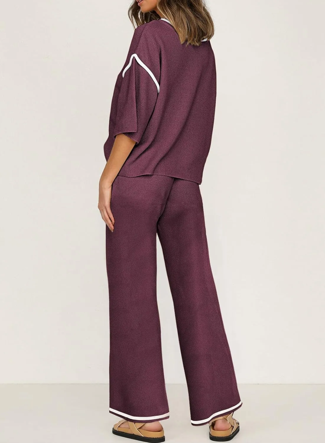 SHEWIN Womens Two Piece Outfits Casual Short Sleeve Knit Sweater Tops Matching Wide Leg Pants Tracksuit Lounge Sets