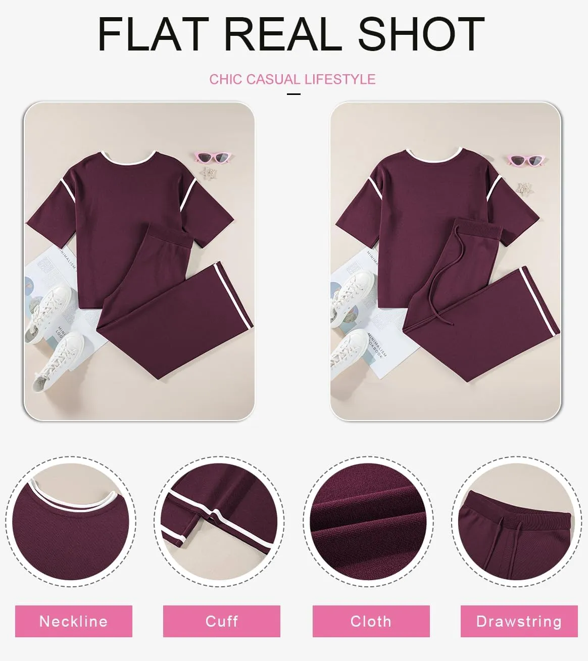 SHEWIN Womens Two Piece Outfits Casual Short Sleeve Knit Sweater Tops Matching Wide Leg Pants Tracksuit Lounge Sets