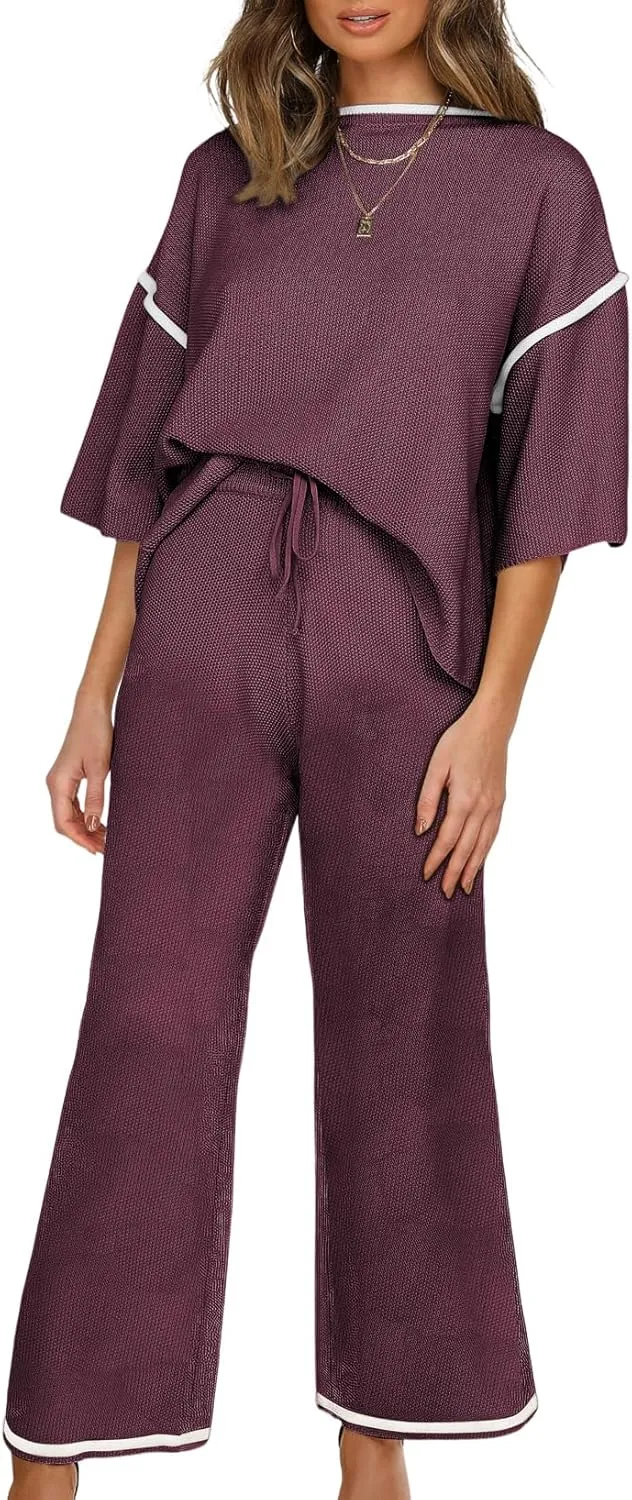 SHEWIN Womens Two Piece Outfits Casual Short Sleeve Knit Sweater Tops Matching Wide Leg Pants Tracksuit Lounge Sets