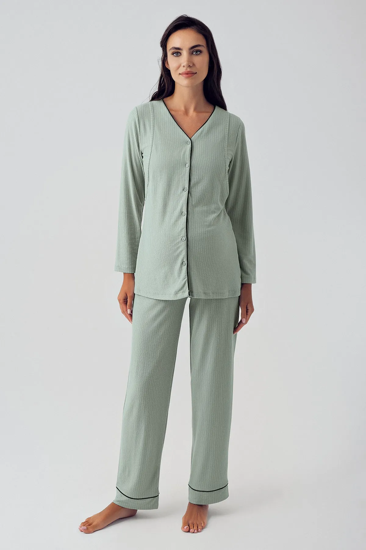 Shopymommy 15207 Double Breast Feeding Maternity & Nursing Pajamas Green