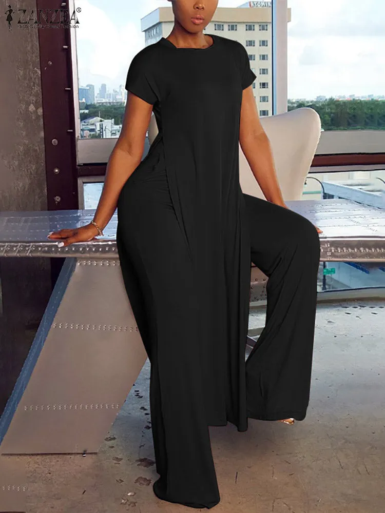 Short Sleeve Two-Piece Solid Split Blouse Trousers Set