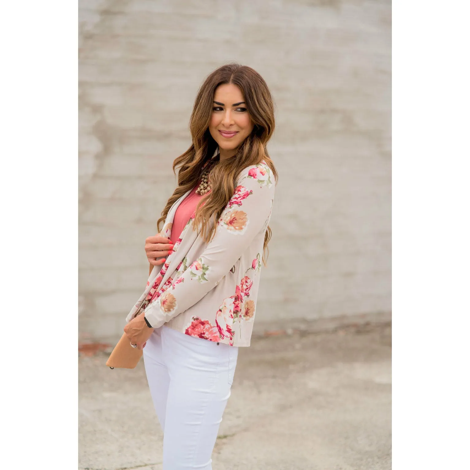 Short Tan Floral Cardigan