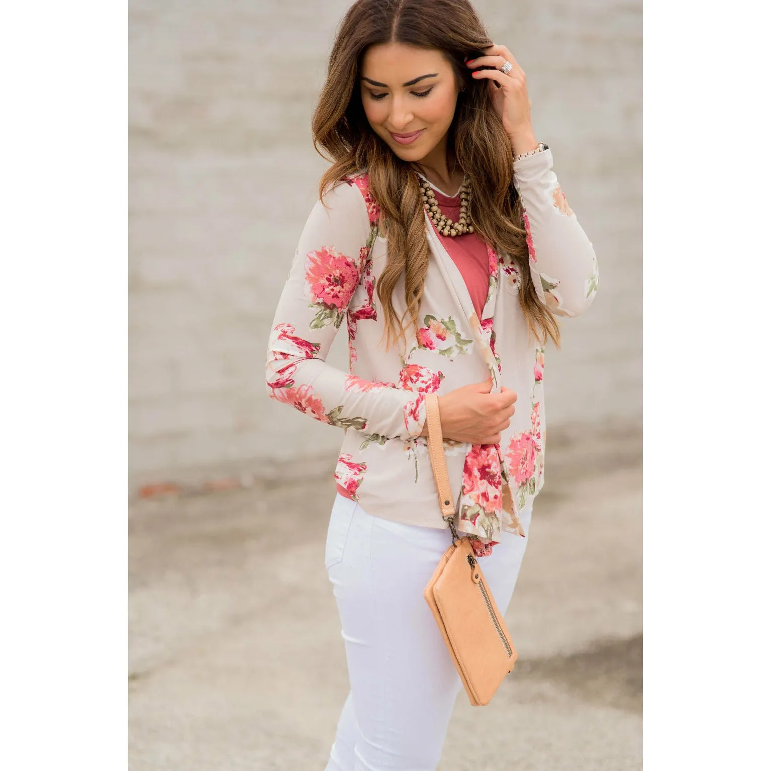 Short Tan Floral Cardigan