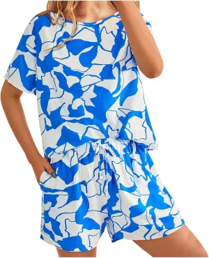 Shorts Sets for Women Color Block Loose Fit Match 2 Piece Top Shorts Pajama Sleepshirts Sets Women 2025