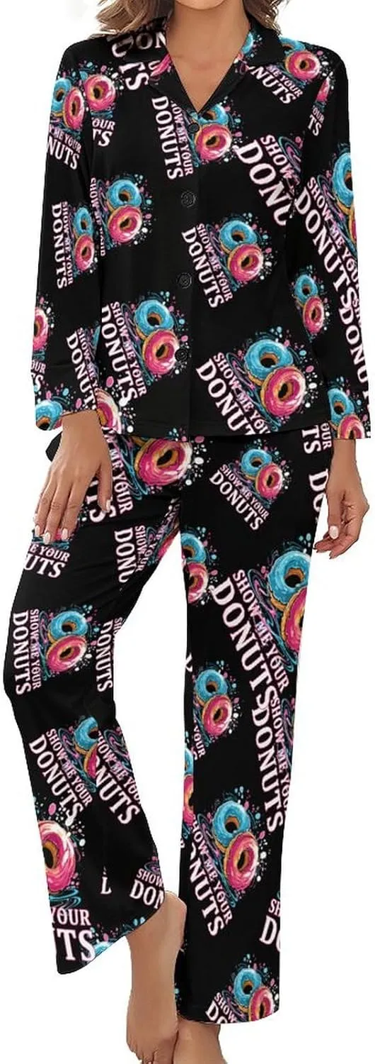 Show Me Your Donuts Womens Pajamas Satin PJ Set Button Down Loungewear Set 2 Piece Lounge Sets