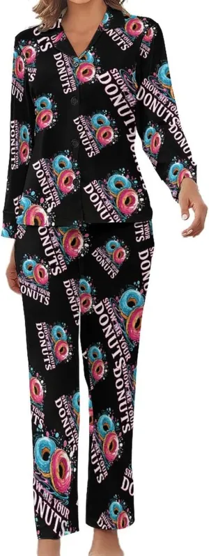 Show Me Your Donuts Womens Pajamas Satin PJ Set Button Down Loungewear Set 2 Piece Lounge Sets