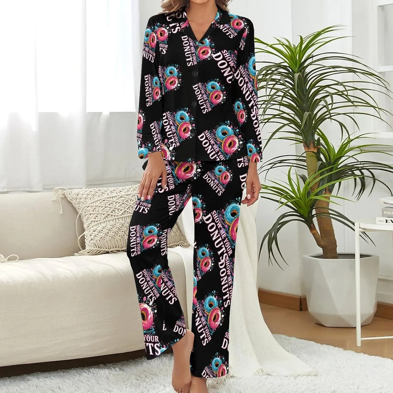 Show Me Your Donuts Womens Pajamas Satin PJ Set Button Down Loungewear Set 2 Piece Lounge Sets