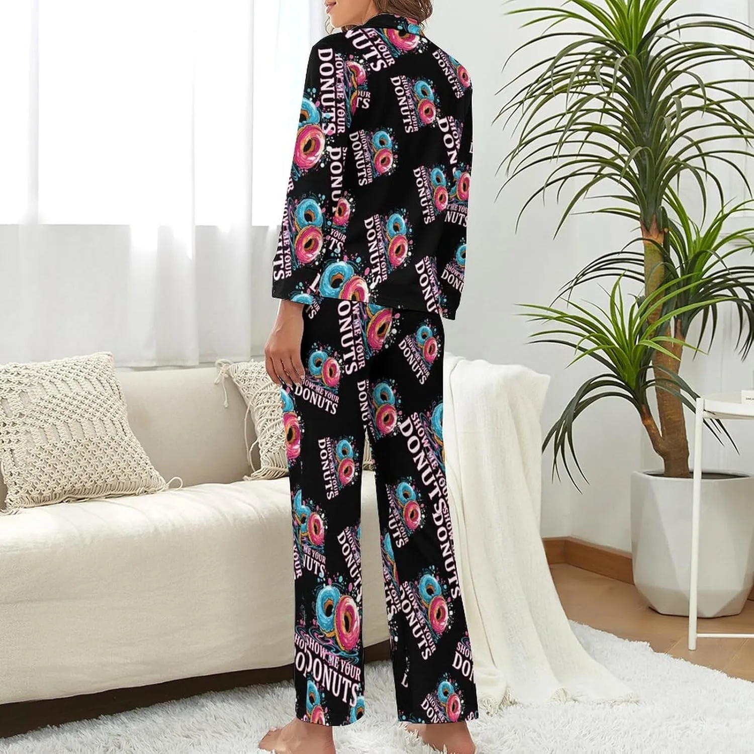 Show Me Your Donuts Womens Pajamas Satin PJ Set Button Down Loungewear Set 2 Piece Lounge Sets
