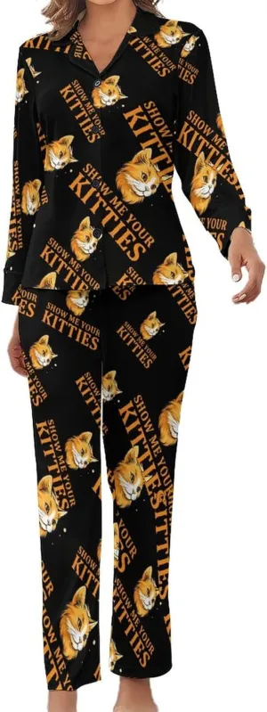 Show Me Your Kittie's Womens Pajamas Satin PJ Set Button Down Loungewear Set 2 Piece Lounge Sets