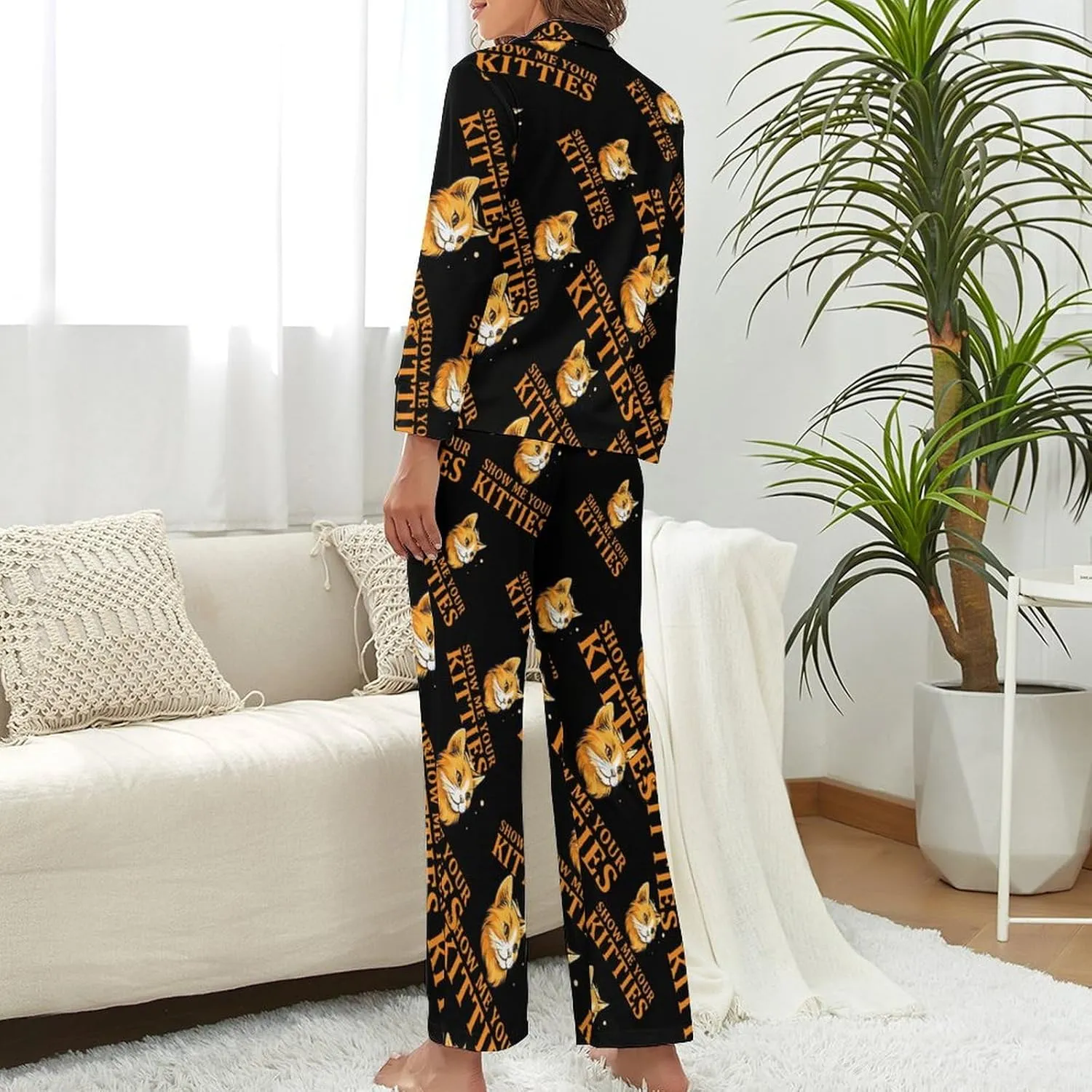 Show Me Your Kittie's Womens Pajamas Satin PJ Set Button Down Loungewear Set 2 Piece Lounge Sets