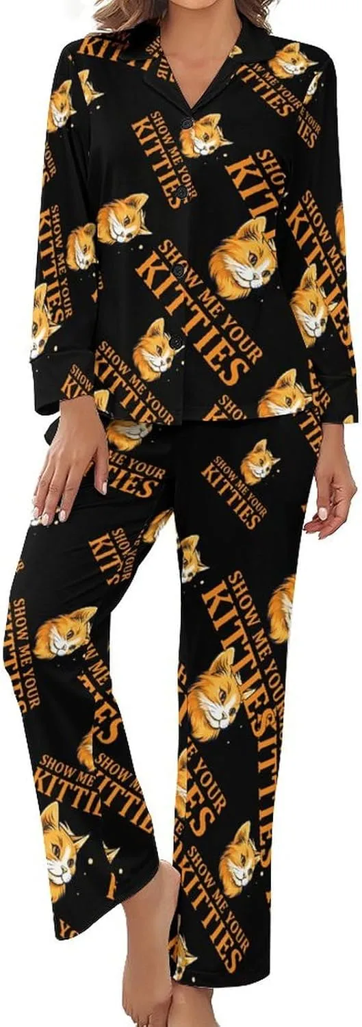 Show Me Your Kittie's Womens Pajamas Satin PJ Set Button Down Loungewear Set 2 Piece Lounge Sets