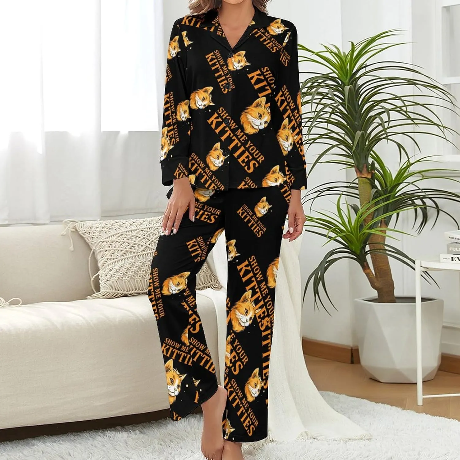 Show Me Your Kittie's Womens Pajamas Satin PJ Set Button Down Loungewear Set 2 Piece Lounge Sets