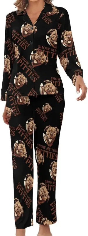 Show Me Your Pittie's Womens Pajamas Satin PJ Set Button Down Loungewear Set 2 Piece Lounge Sets