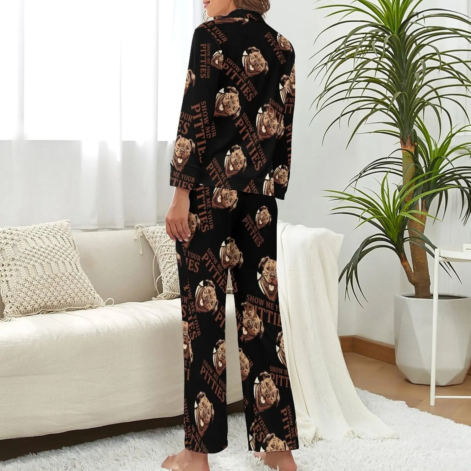Show Me Your Pittie's Womens Pajamas Satin PJ Set Button Down Loungewear Set 2 Piece Lounge Sets