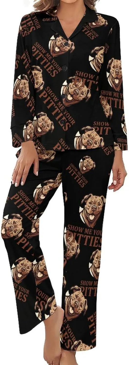 Show Me Your Pittie's Womens Pajamas Satin PJ Set Button Down Loungewear Set 2 Piece Lounge Sets