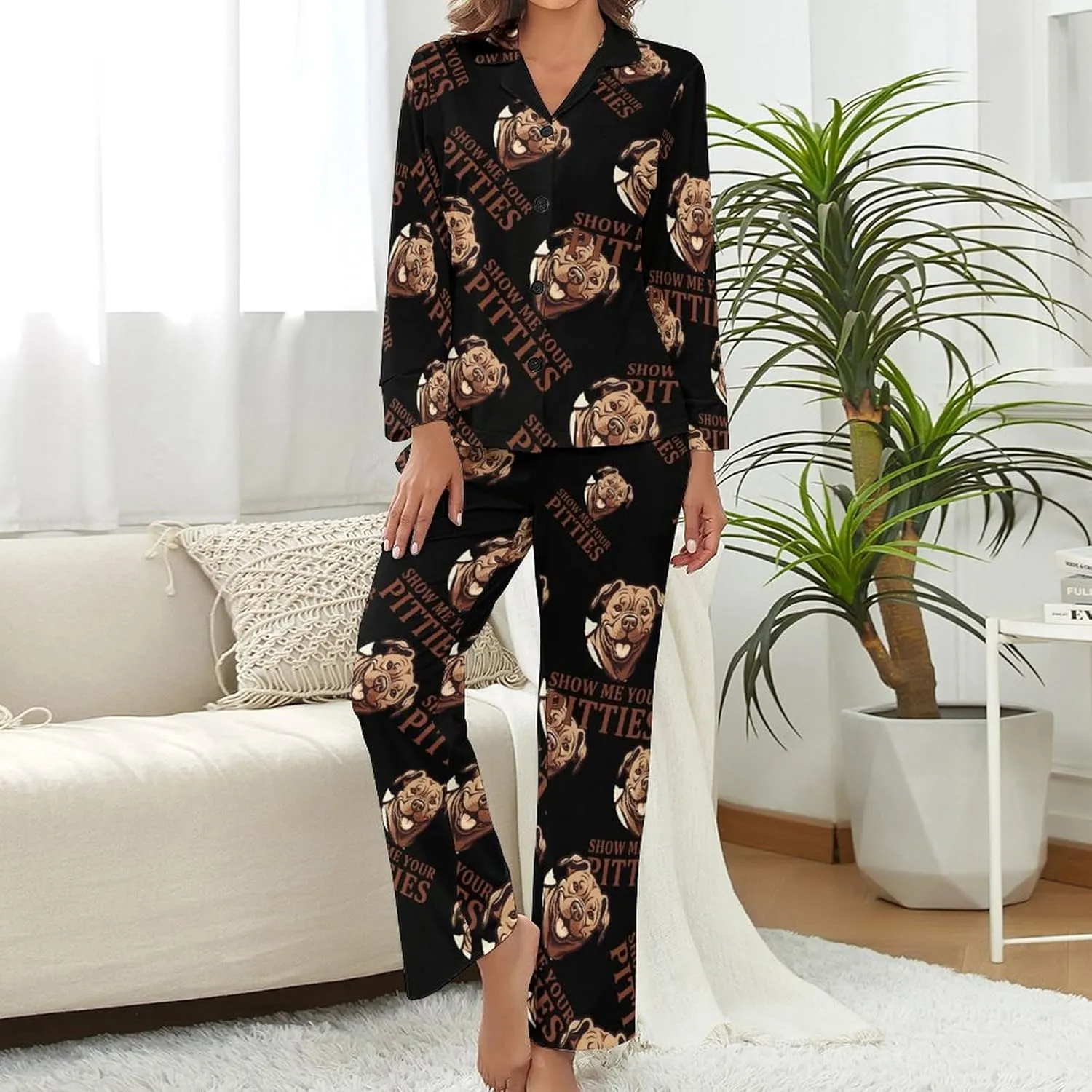 Show Me Your Pittie's Womens Pajamas Satin PJ Set Button Down Loungewear Set 2 Piece Lounge Sets