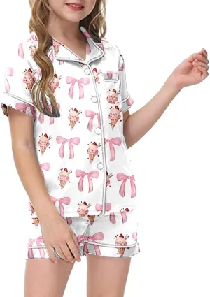 Silk Satin Pajamas Cute Bow Coquette Pajama Set 2 Piece Button Up Pjs Shirts Shorts Sets Sleepwear Loungewear 2-13 Years