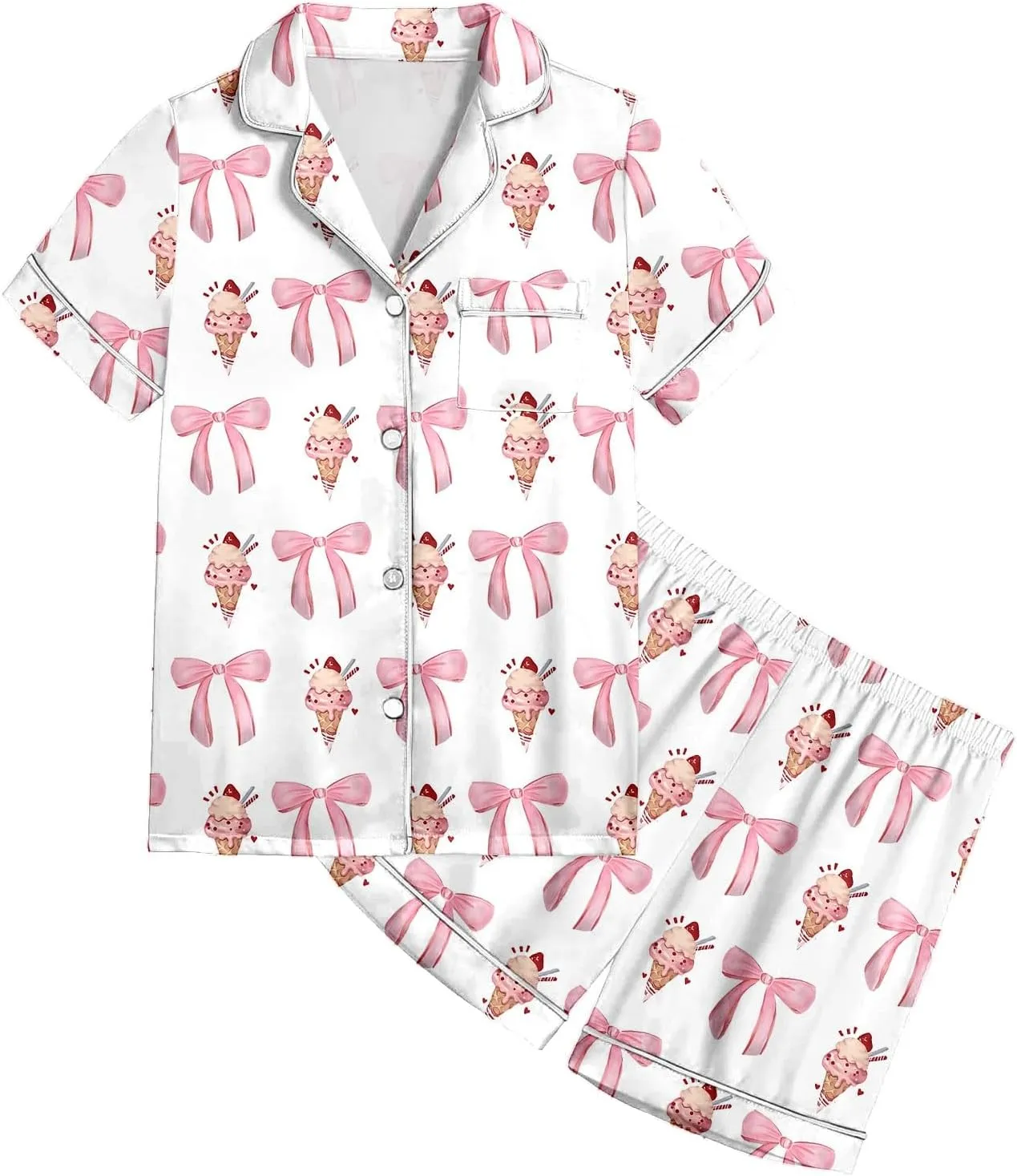 Silk Satin Pajamas Cute Bow Coquette Pajama Set 2 Piece Button Up Pjs Shirts Shorts Sets Sleepwear Loungewear 2-13 Years