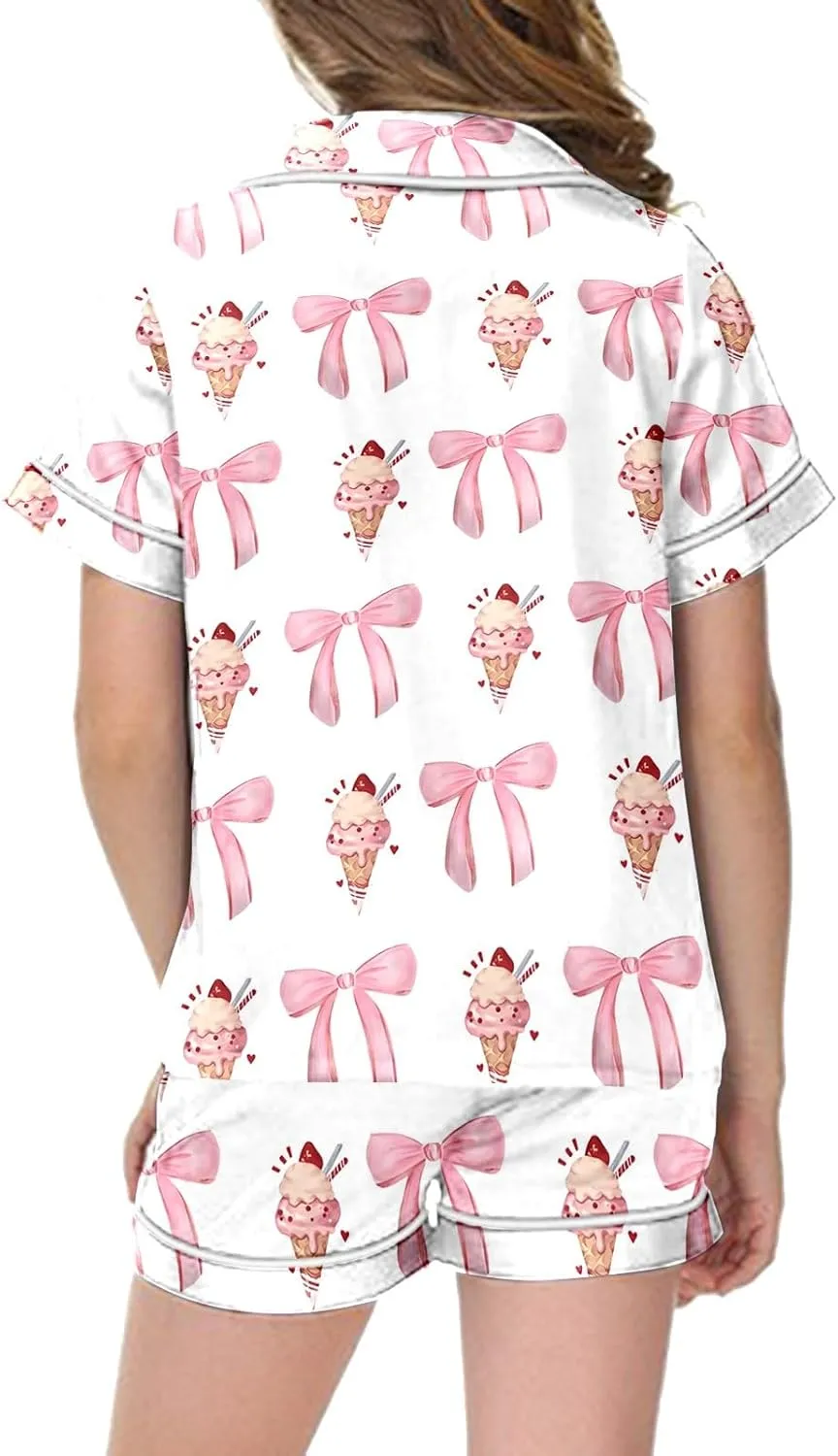 Silk Satin Pajamas Cute Bow Coquette Pajama Set 2 Piece Button Up Pjs Shirts Shorts Sets Sleepwear Loungewear 2-13 Years