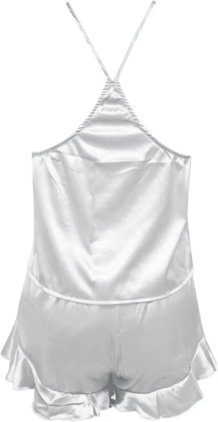 Silk Satin Pajamas Set for Women 2 Piece Silk Cami Tank Top Ruffle Shorts Sexy Lingerie Pjs Soft Silky PJ Set