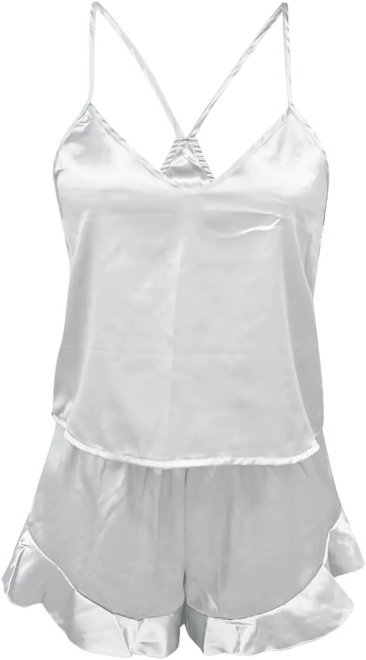 Silk Satin Pajamas Set for Women 2 Piece Silk Cami Tank Top Ruffle Shorts Sexy Lingerie Pjs Soft Silky PJ Set