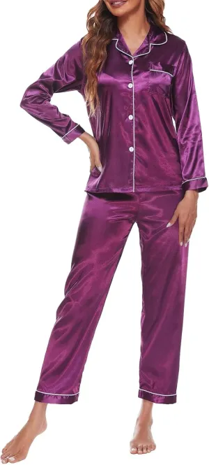 Silk Satin Pajamas Set Long Sleeve Silk Pjs Sets for Women 2 Piece Soft Sleepwear Silky Pajama Lounge Pajamas Sets