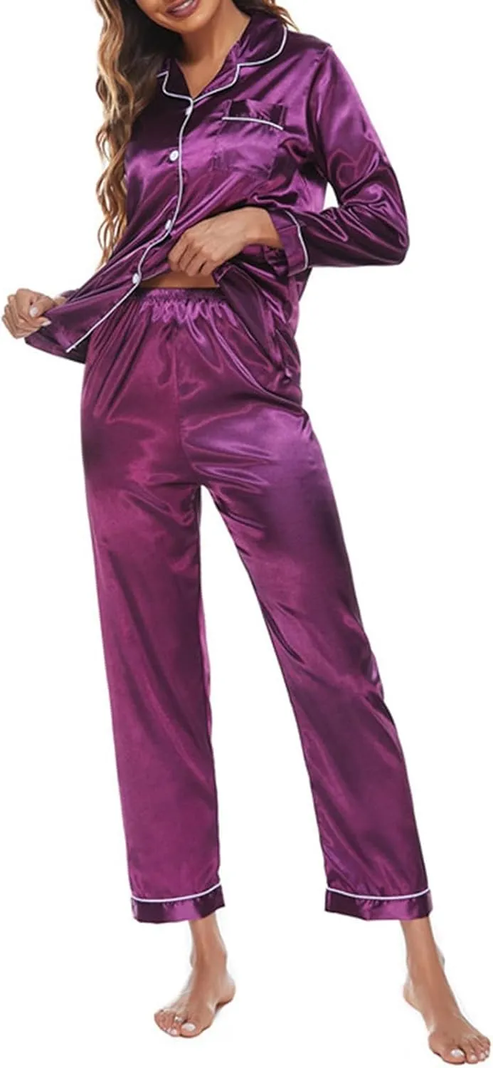Silk Satin Pajamas Set Long Sleeve Silk Pjs Sets for Women 2 Piece Soft Sleepwear Silky Pajama Lounge Pajamas Sets