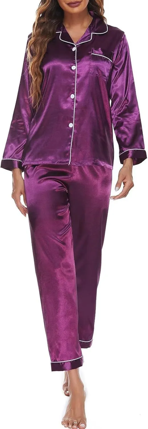 Silk Satin Pajamas Set Long Sleeve Silk Pjs Sets for Women 2 Piece Soft Sleepwear Silky Pajama Lounge Pajamas Sets