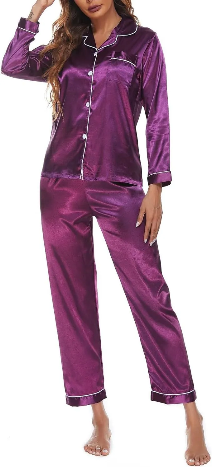 Silk Satin Pajamas Set Long Sleeve Silk Pjs Sets for Women 2 Piece Soft Sleepwear Silky Pajama Lounge Pajamas Sets