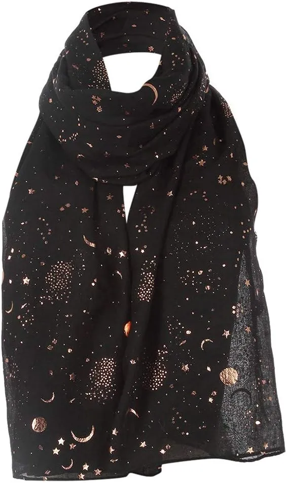 Silk Scarf For Women Hair Womens Scarves Winter Women Fashion Star Moon Foil Printed Scarf Wrap Silk Shawl Travel