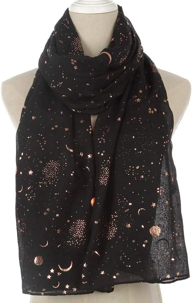 Silk Scarf For Women Hair Womens Scarves Winter Women Fashion Star Moon Foil Printed Scarf Wrap Silk Shawl Travel