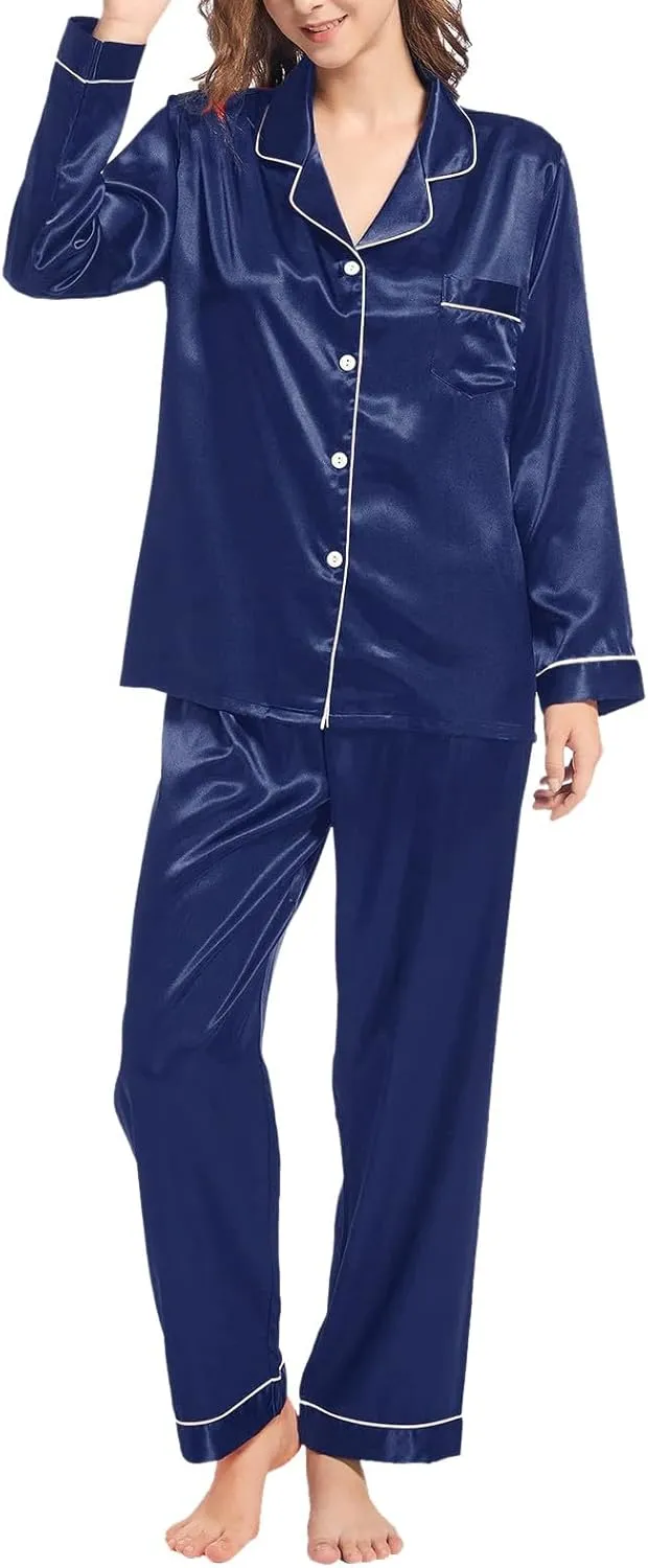 Silk Soft Pajamas for Women,Satin Womens Pj Sets 2pcs Lounge Set Long Sleeve Sleepwear and Pants Button-Down Comfy