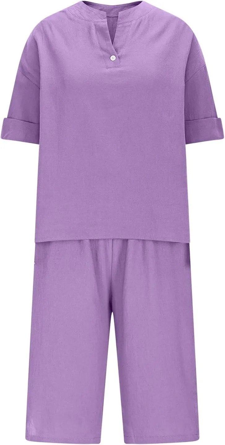 Sinzelimin Women's Linen Shirts Tops Shorts 2PC Sets Summer Short Sleeves V-Neck T-Shirts Short Sweatpants Casual Outfits