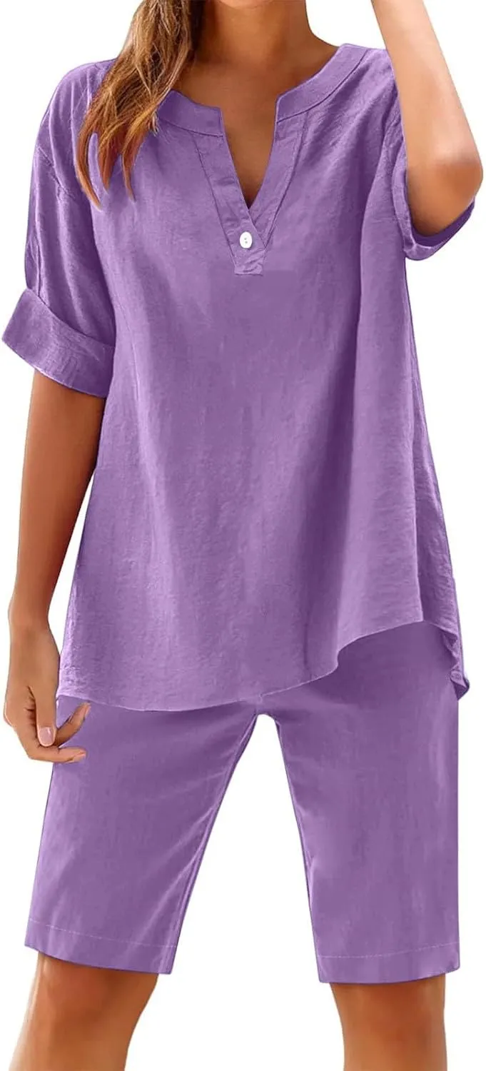 Sinzelimin Women's Linen Shirts Tops Shorts 2PC Sets Summer Short Sleeves V-Neck T-Shirts Short Sweatpants Casual Outfits