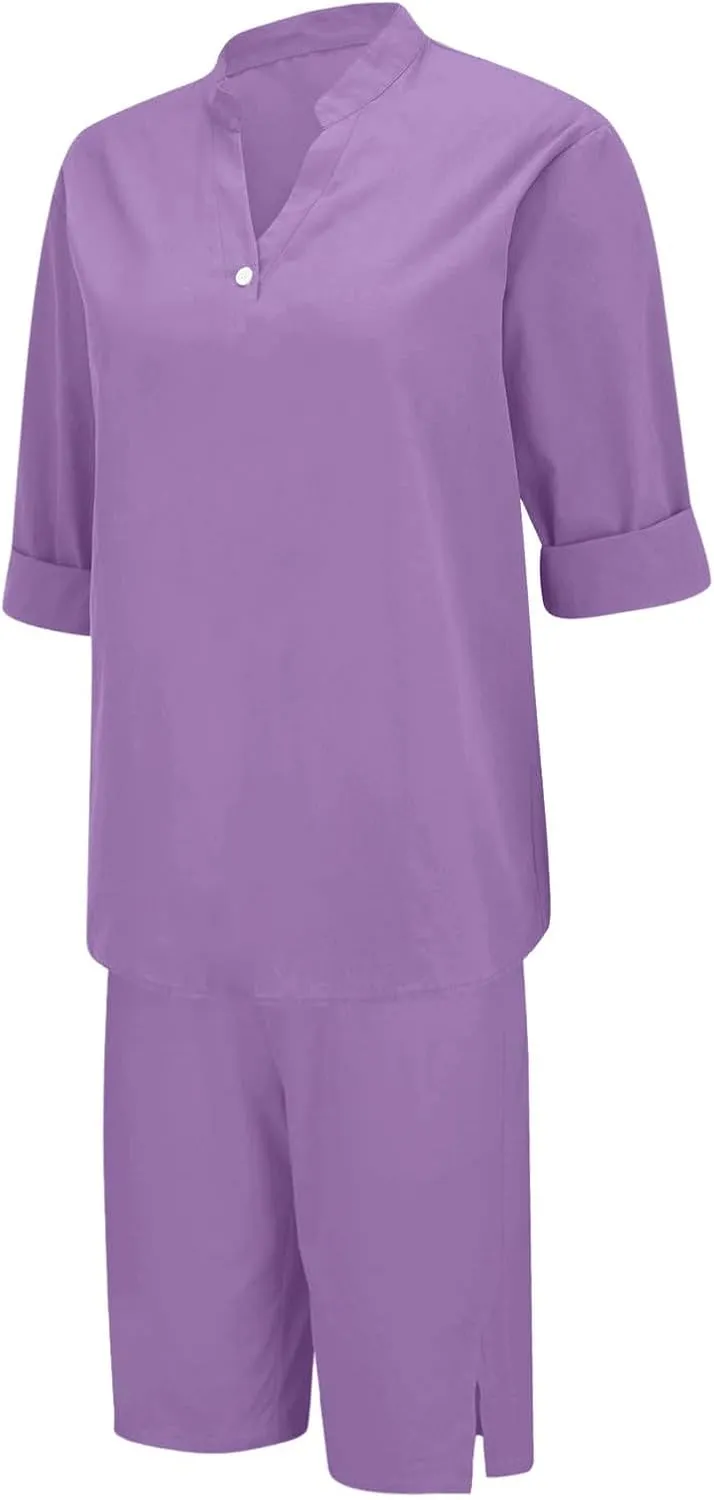 Sinzelimin Women's Linen Shirts Tops Shorts 2PC Sets Summer Short Sleeves V-Neck T-Shirts Short Sweatpants Casual Outfits