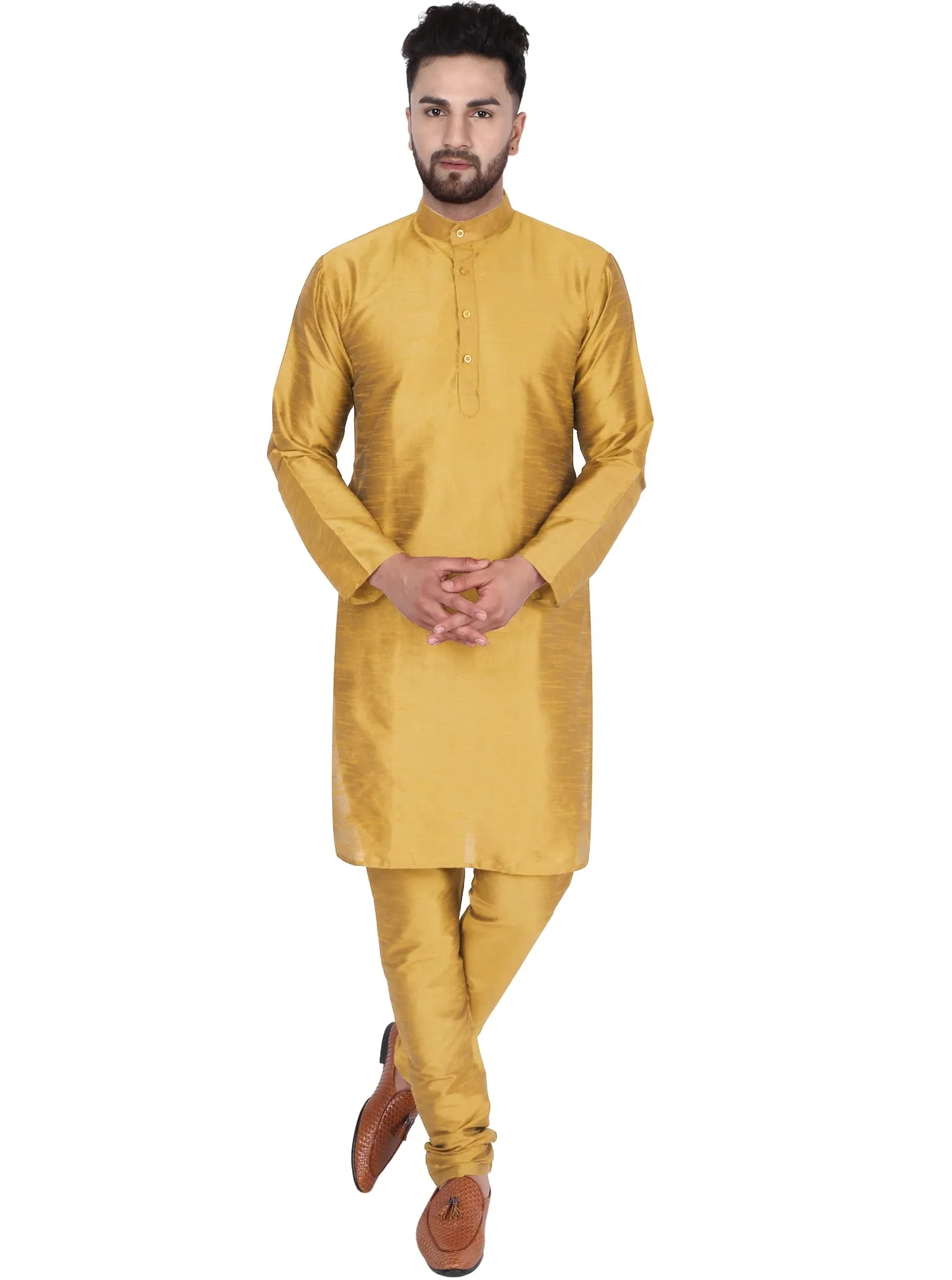 SKAVIJ Art Silk Kurta Pajama Set for Men Indian Wedding Party Wear Dress (Large, Brown)