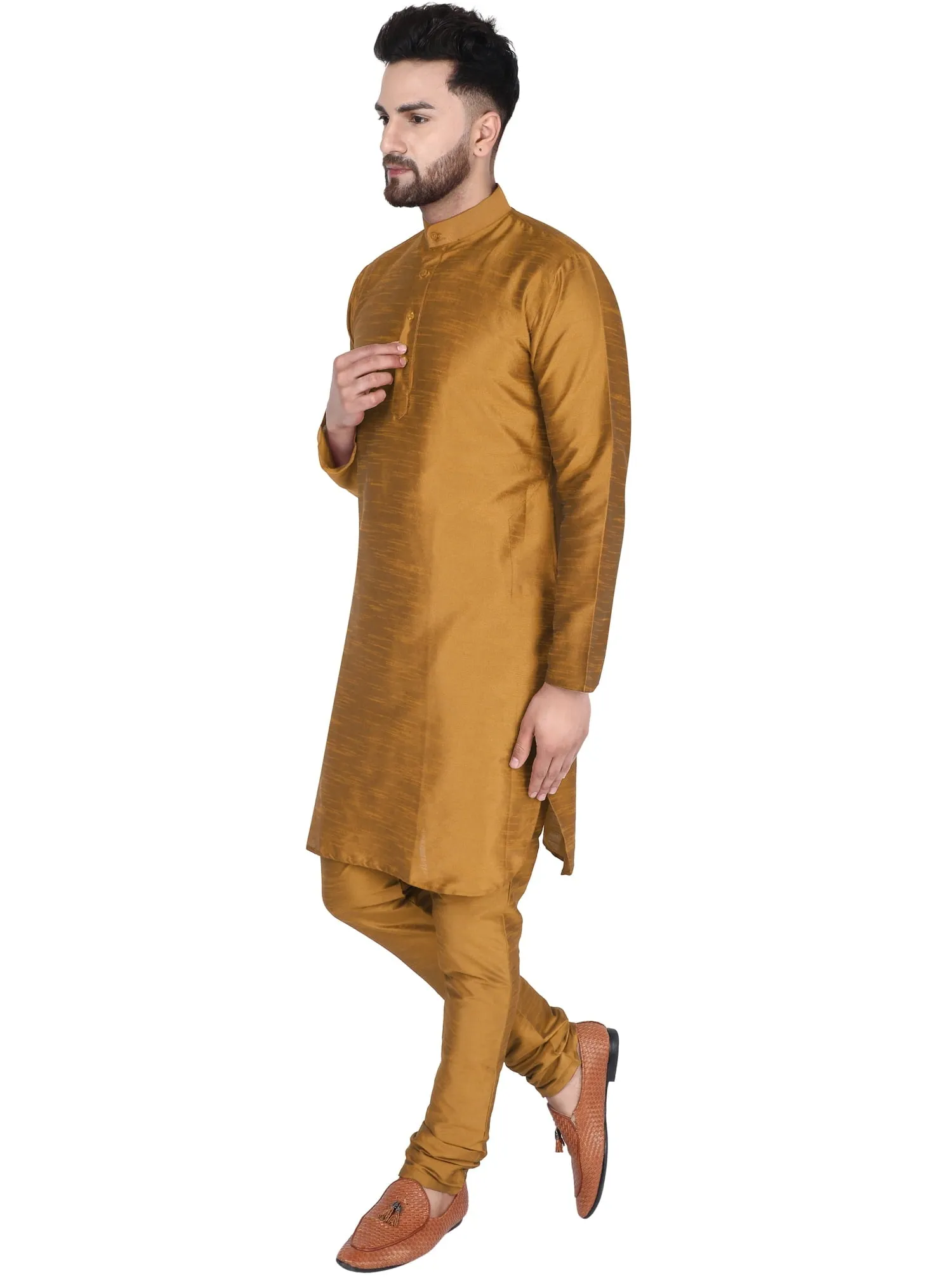 SKAVIJ Art Silk Kurta Pajama Set for Men Indian Wedding Party Wear Dress (Large, Brown)