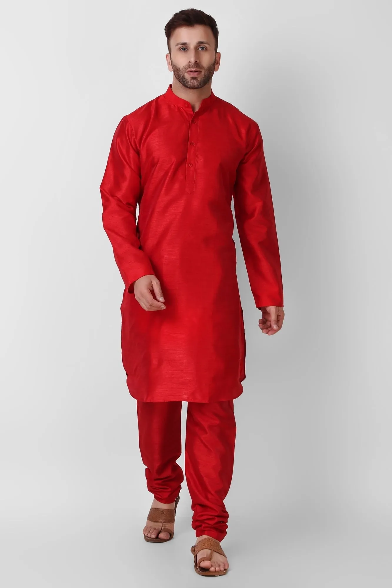SKAVIJ Art Silk Kurta Pajama Set for Men Indian Wedding Party Wear Dress (Large, Brown)