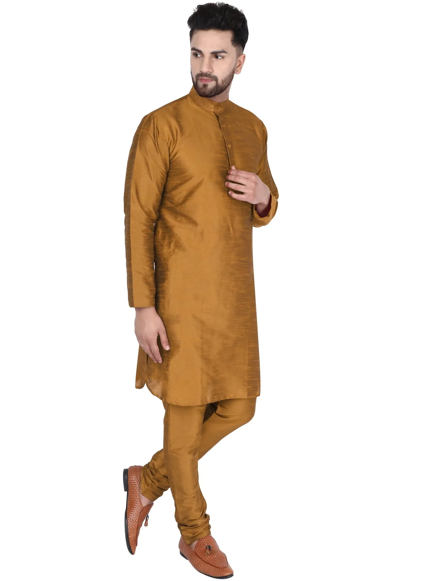 SKAVIJ Art Silk Kurta Pajama Set for Men Indian Wedding Party Wear Dress (Large, Brown)