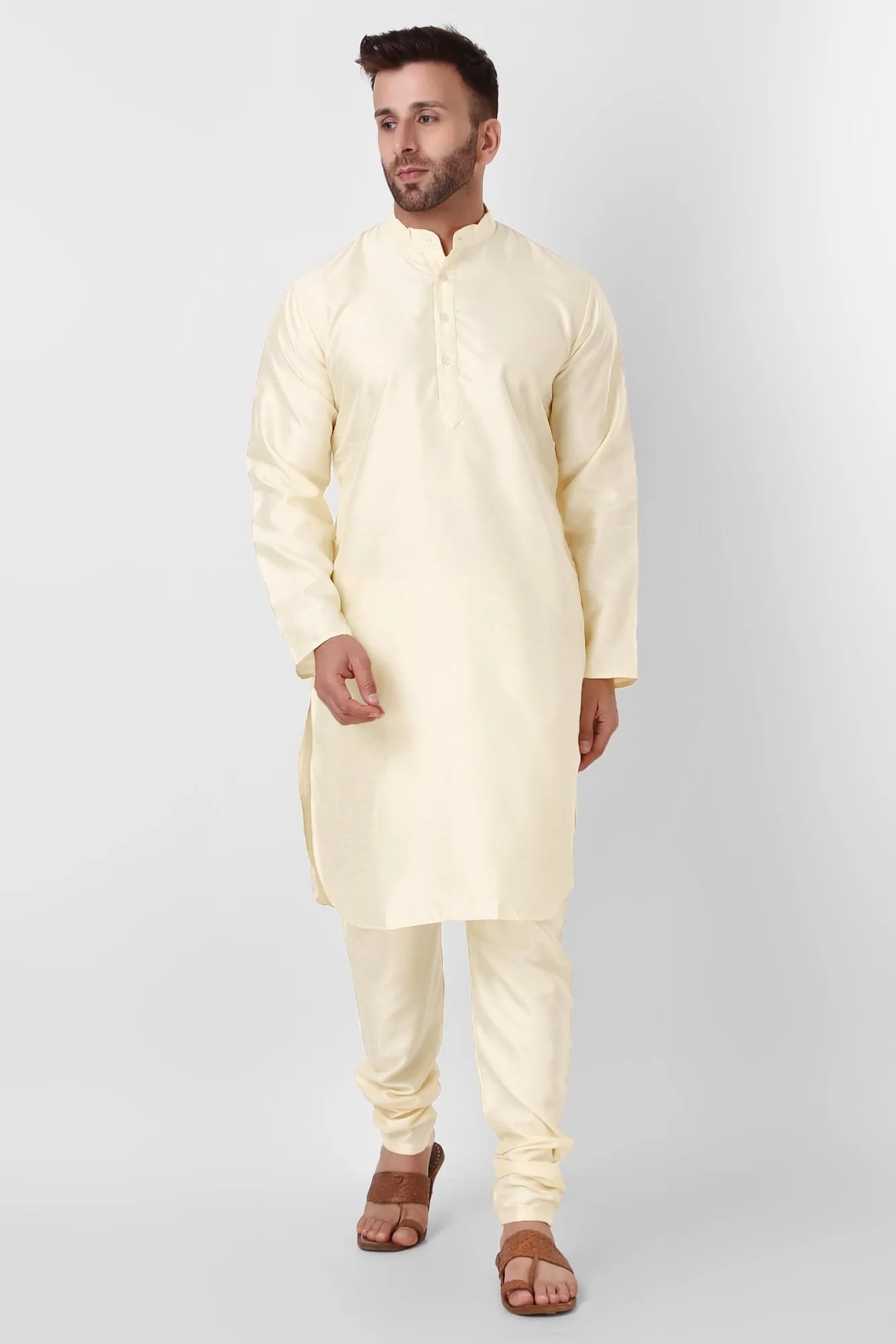 SKAVIJ Art Silk Kurta Pajama Set for Men Indian Wedding Party Wear Dress (Large, Brown)