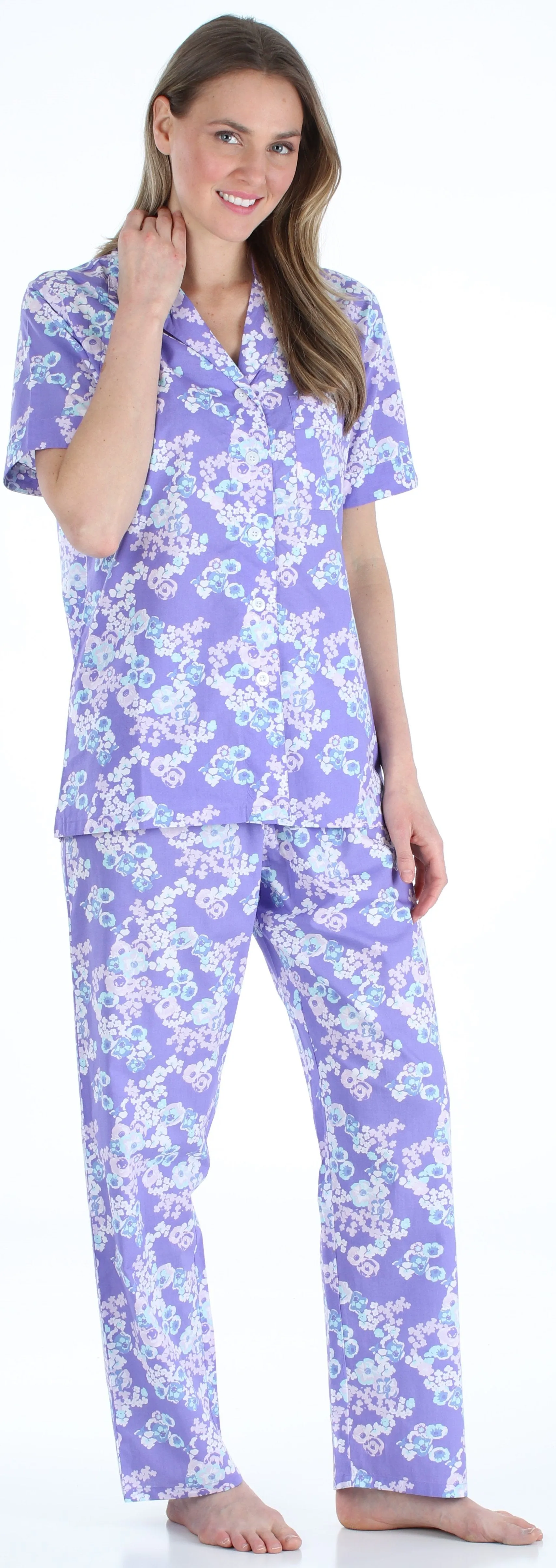 Sleepyheads Women's Poplin Cotton Short Sleeve Button Up Top and Pants Pajama Set