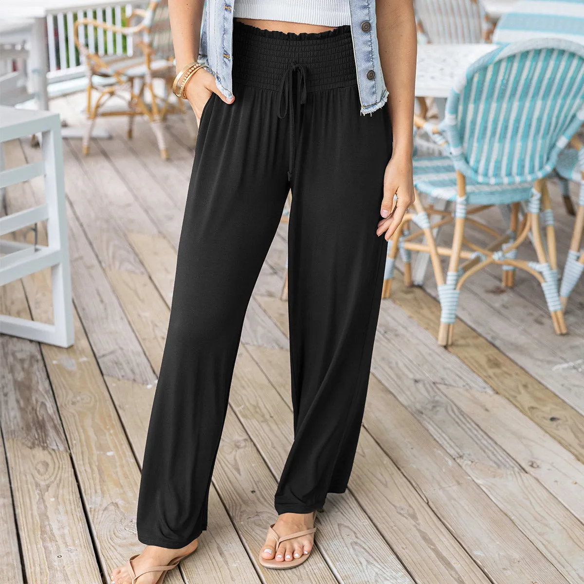 Smocked Wide Leg Black Lounge Pants - FINAL SALE