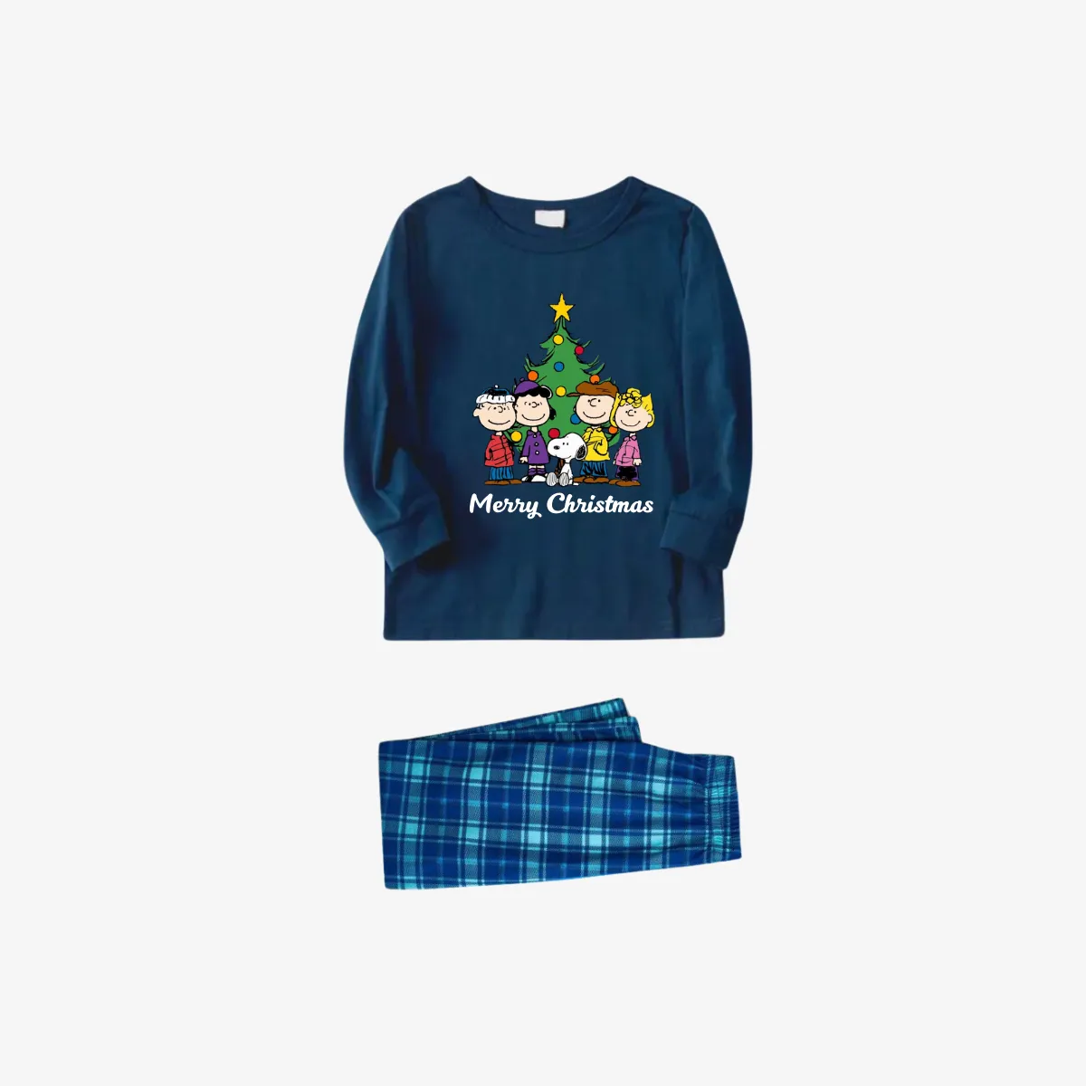 Snoopy Dog Cartoon With 'Merry Christmas' Letter and Tree Printed Sky Blue Plaid Family Pajamas Sets