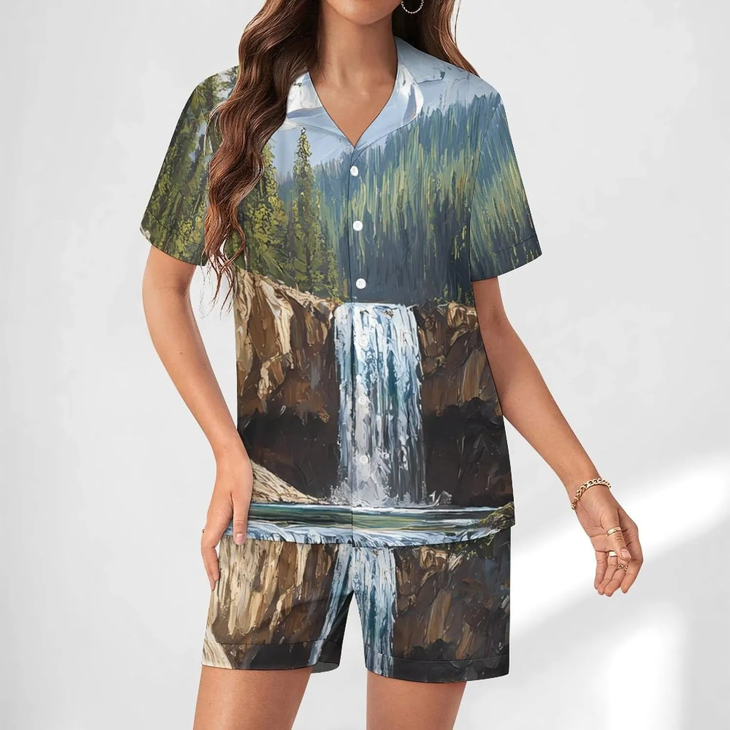 Snow Mountain Melt River Satin Pajamas For Women Set Botton Down Short Sleeves Silk Sleepwear