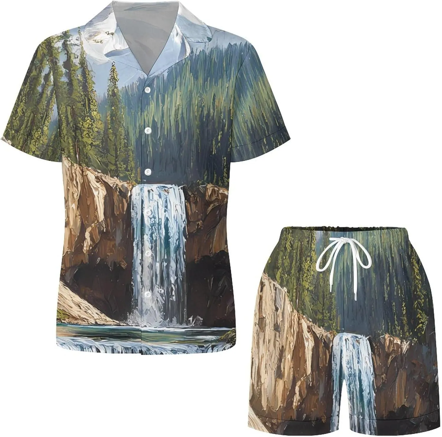 Snow Mountain Melt River Satin Pajamas For Women Set Botton Down Short Sleeves Silk Sleepwear