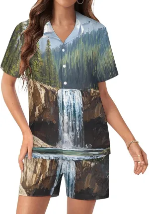 Snow Mountain Melt River Satin Pajamas For Women Set Botton Down Short Sleeves Silk Sleepwear