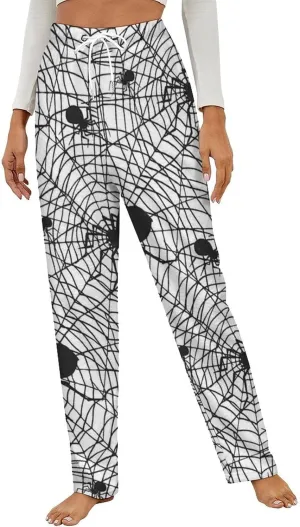 Spider Web Spooky Spiders Women's Flannel Pajama Pants Fleece Lounge Sleep Bottoms PJ