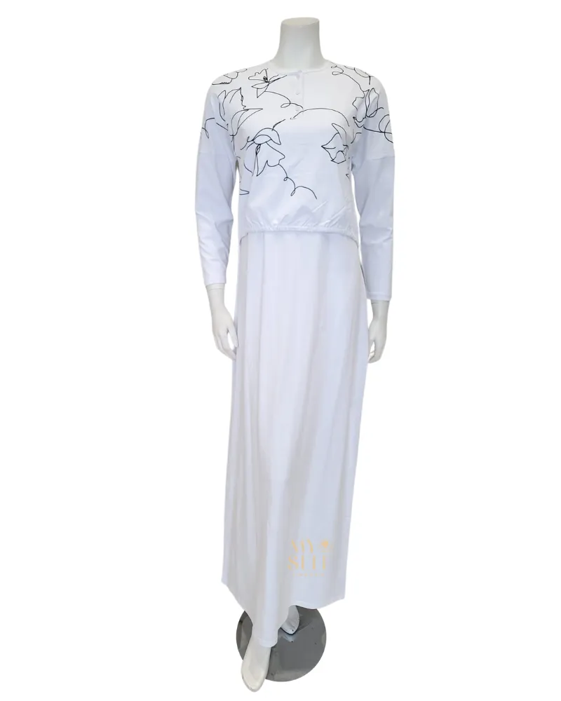 SS22N17B White Floral Outline Cotton Nursing Nightgown